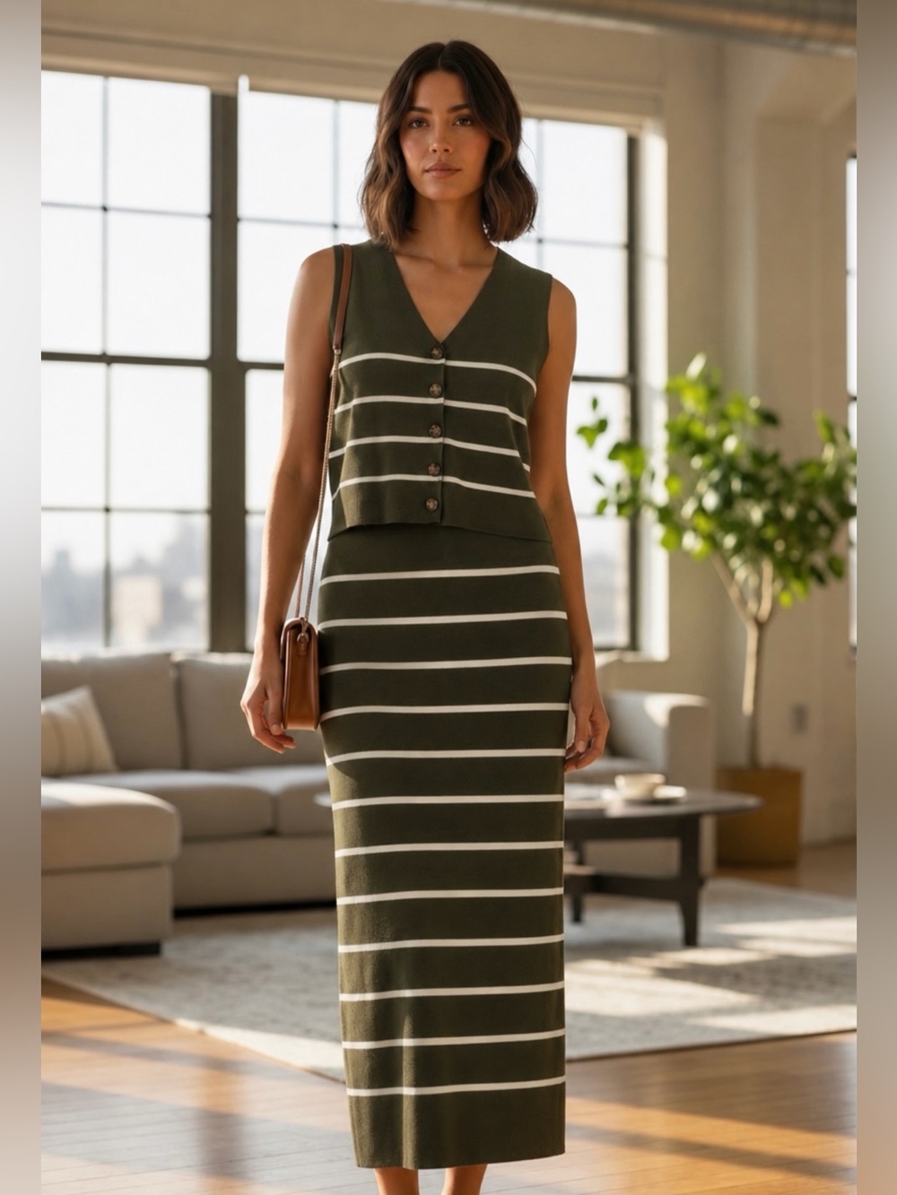 Joie Olive Green Ivory Striped Knit Vest & Maxi Skirt Matching Set Size Medium